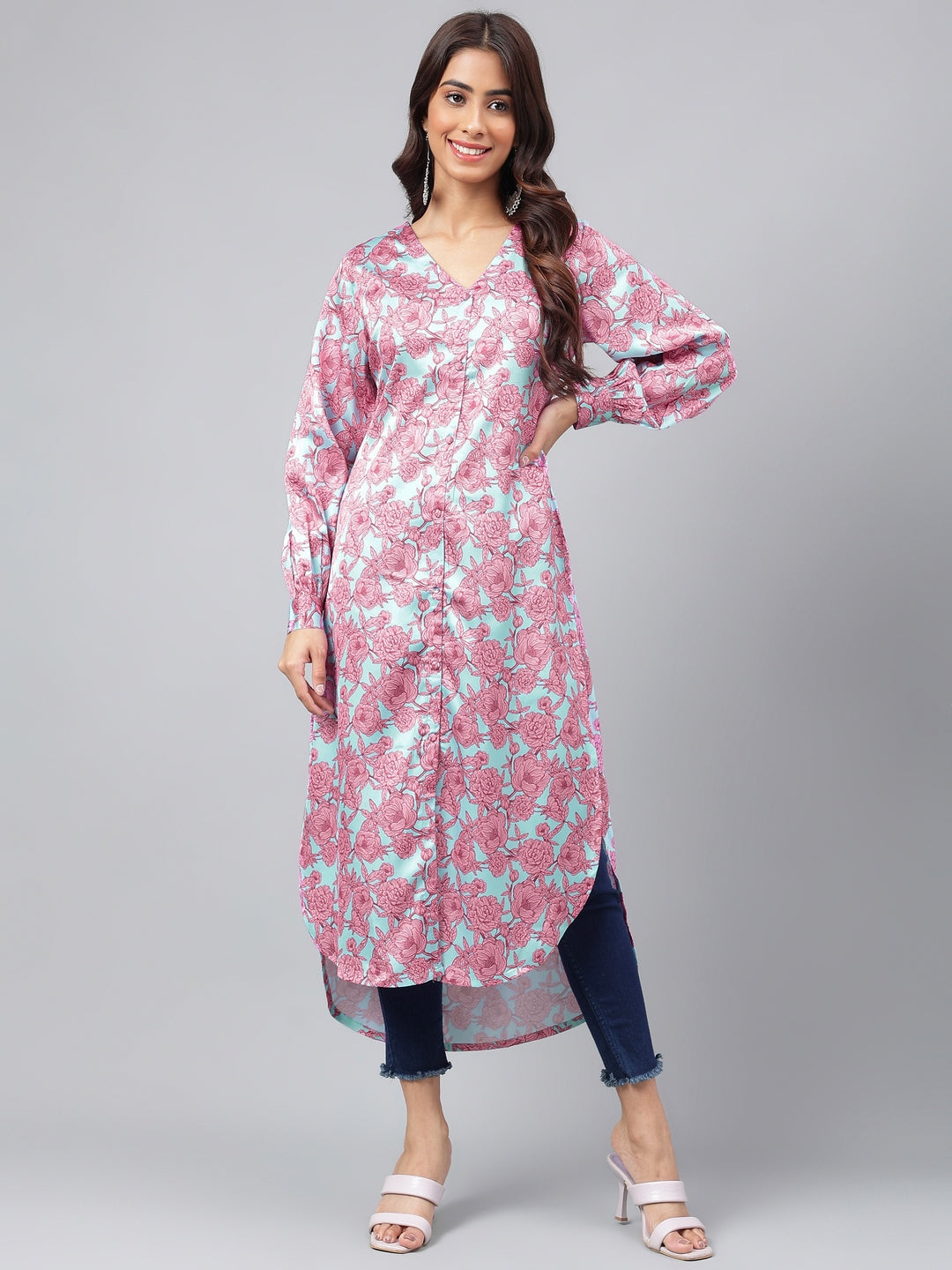 Janasya Women's Sea Green Satin Digital Floral Printed Casual Gathered Kurta - Distacart
