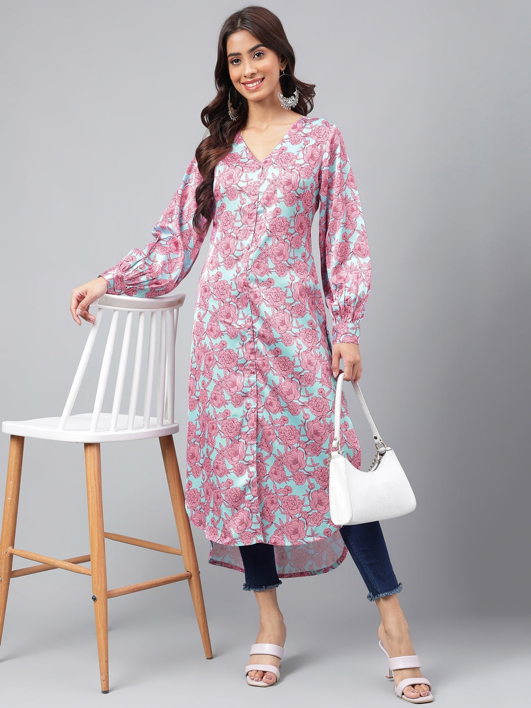 Janasya Women's Sea Green Satin Digital Floral Printed Casual Gathered Kurta - Distacart