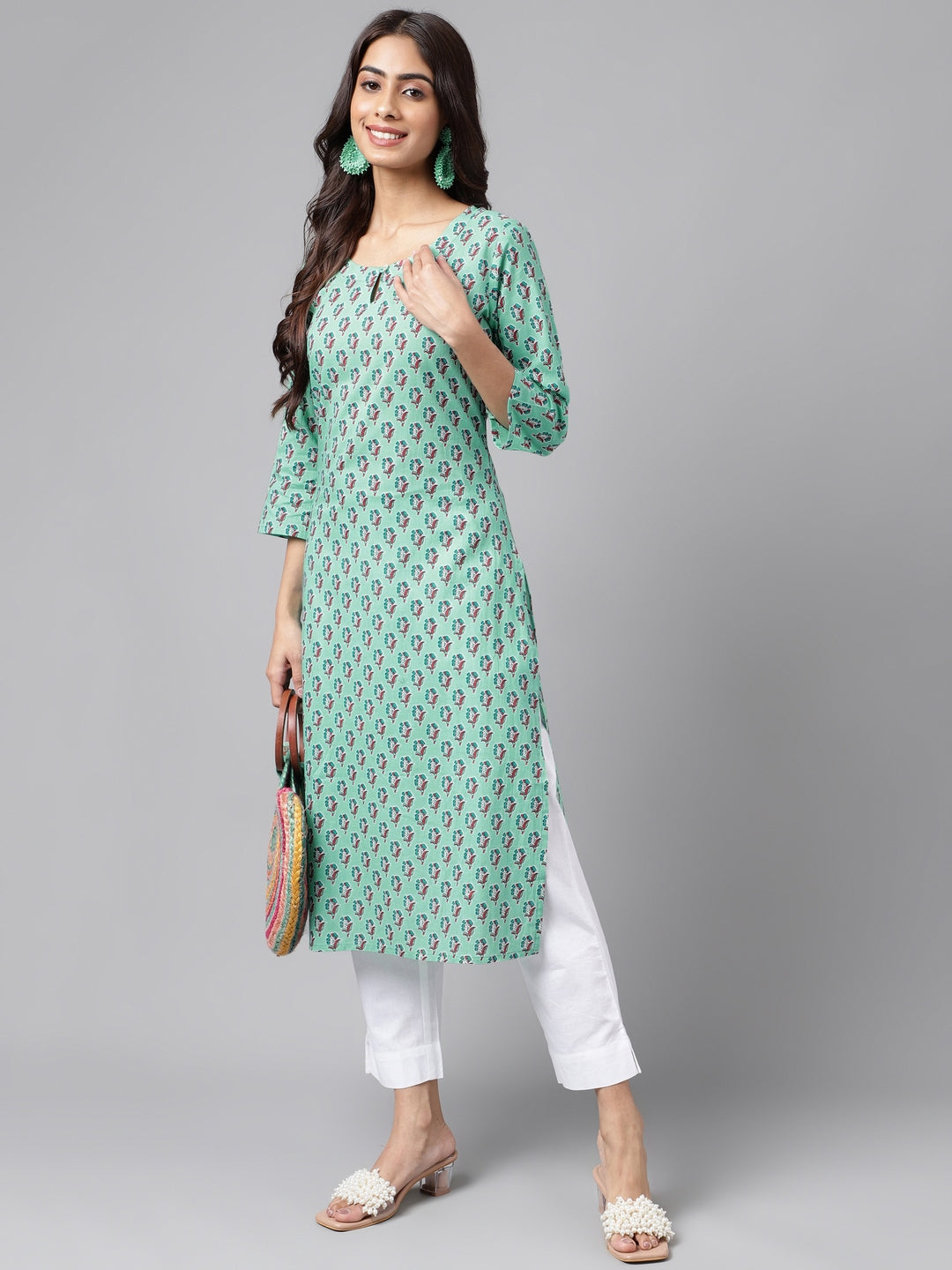 Janasya Women's Light Blue Cotton Ethnic Motifs Casual Straight Kurta - Distacart