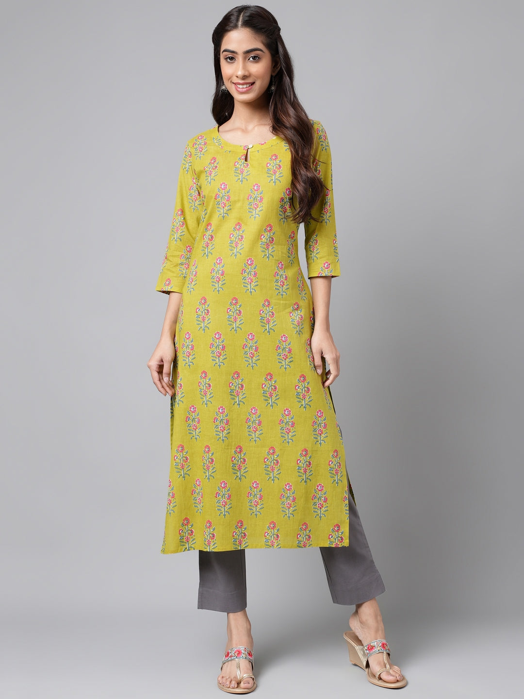 Janasya Women's Green Cotton Floral Printed Casual Straight Kurta - Distacart
