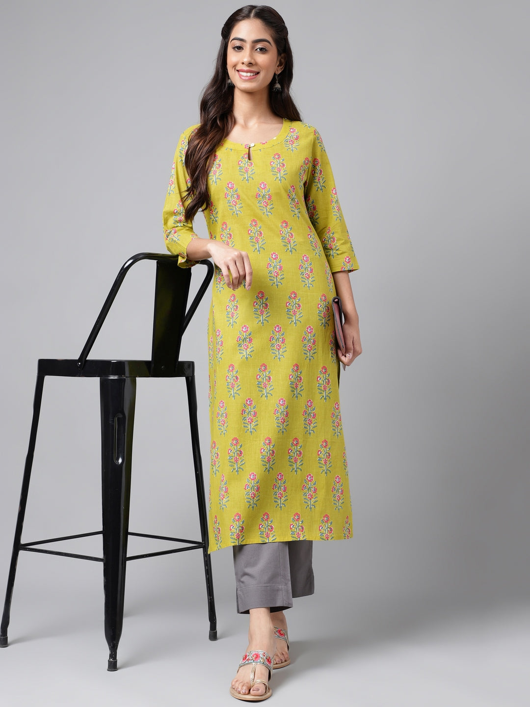 Janasya Women's Green Cotton Floral Printed Casual Straight Kurta - Distacart