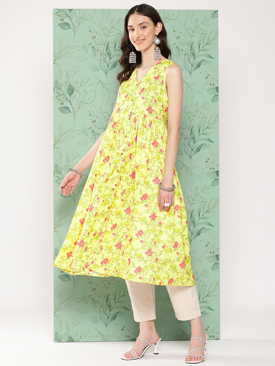 Janasya Women's Lemon Yellow Moss Digital Floral Printed Casual Gathered Kurta - Distacart