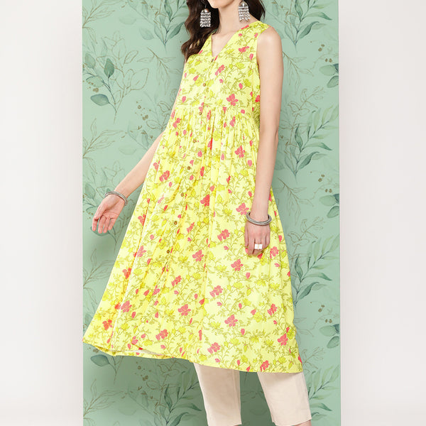 Janasya Women's Lemon Yellow Moss Digital Floral Printed Casual Gathered Kurta - Distacart