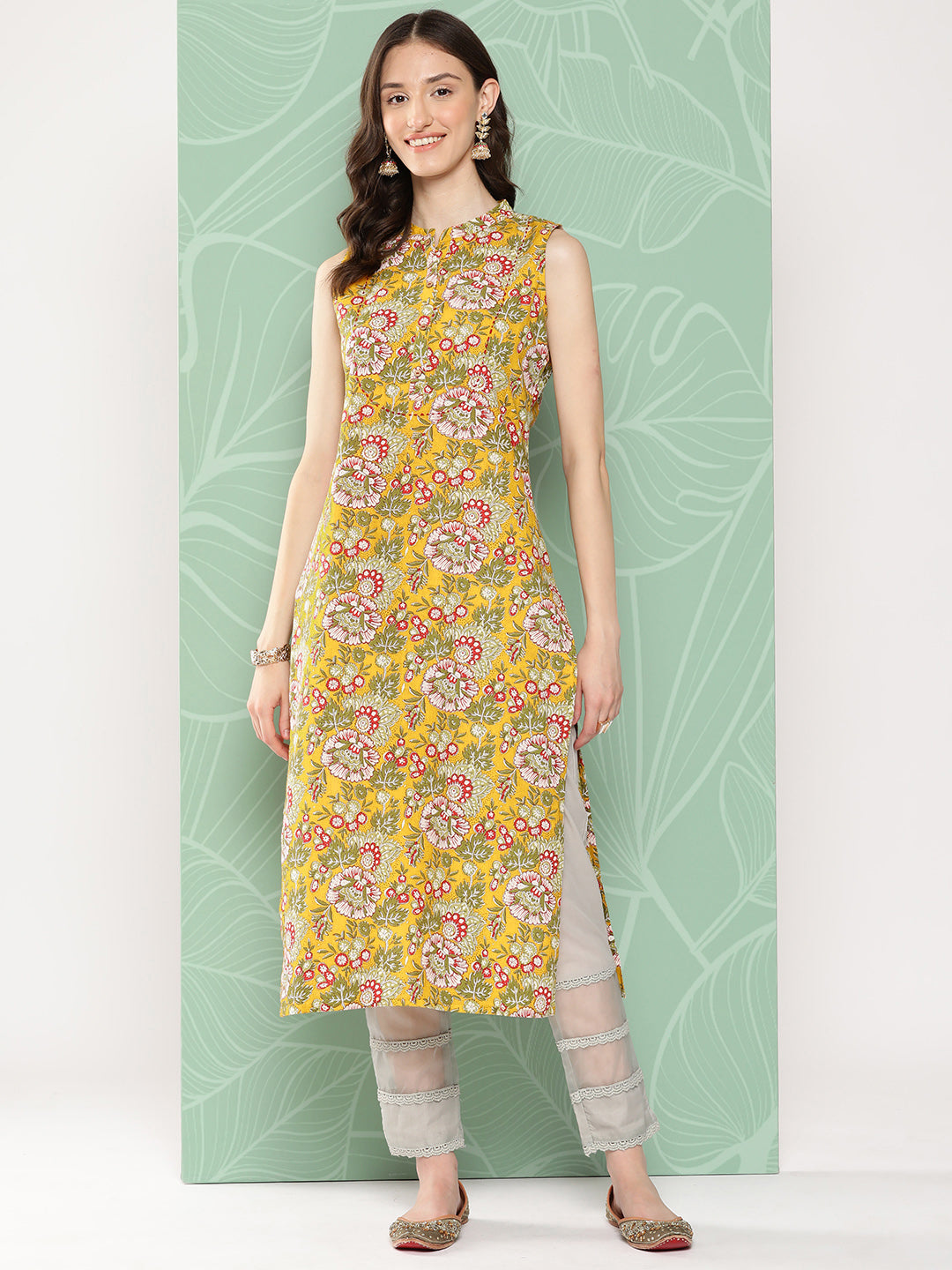Janasya Women's Yellow Cotton Floral Printed Casual Straight Kurta - Distacart