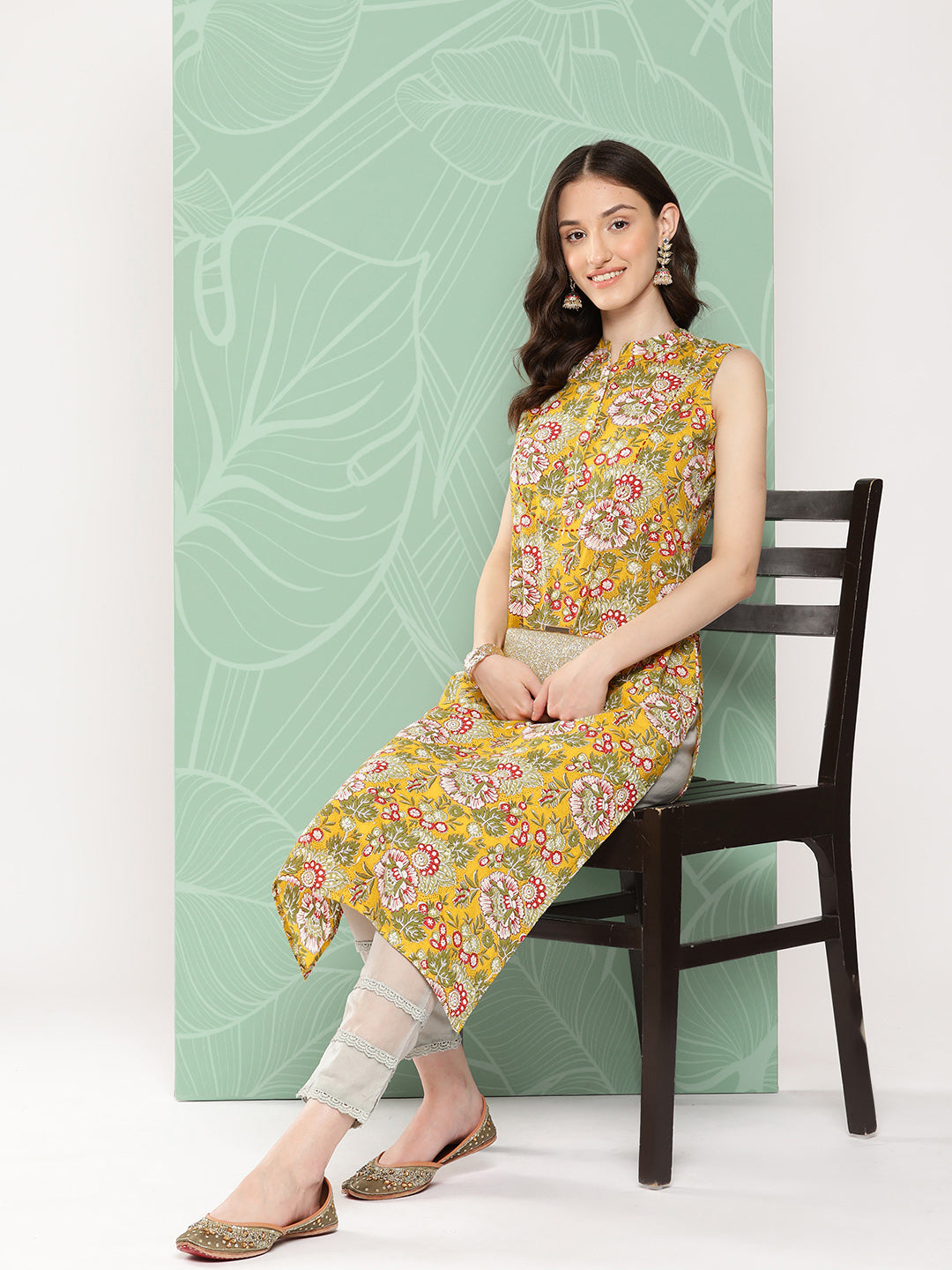 Janasya Women's Yellow Cotton Floral Printed Casual Straight Kurta - Distacart