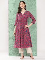 Thumbnail for Janasya Women's Pink Cotton Floral Printed Casual Gathered Kurta - Distacart