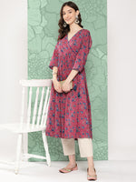 Thumbnail for Janasya Women's Pink Cotton Floral Printed Casual Gathered Kurta - Distacart