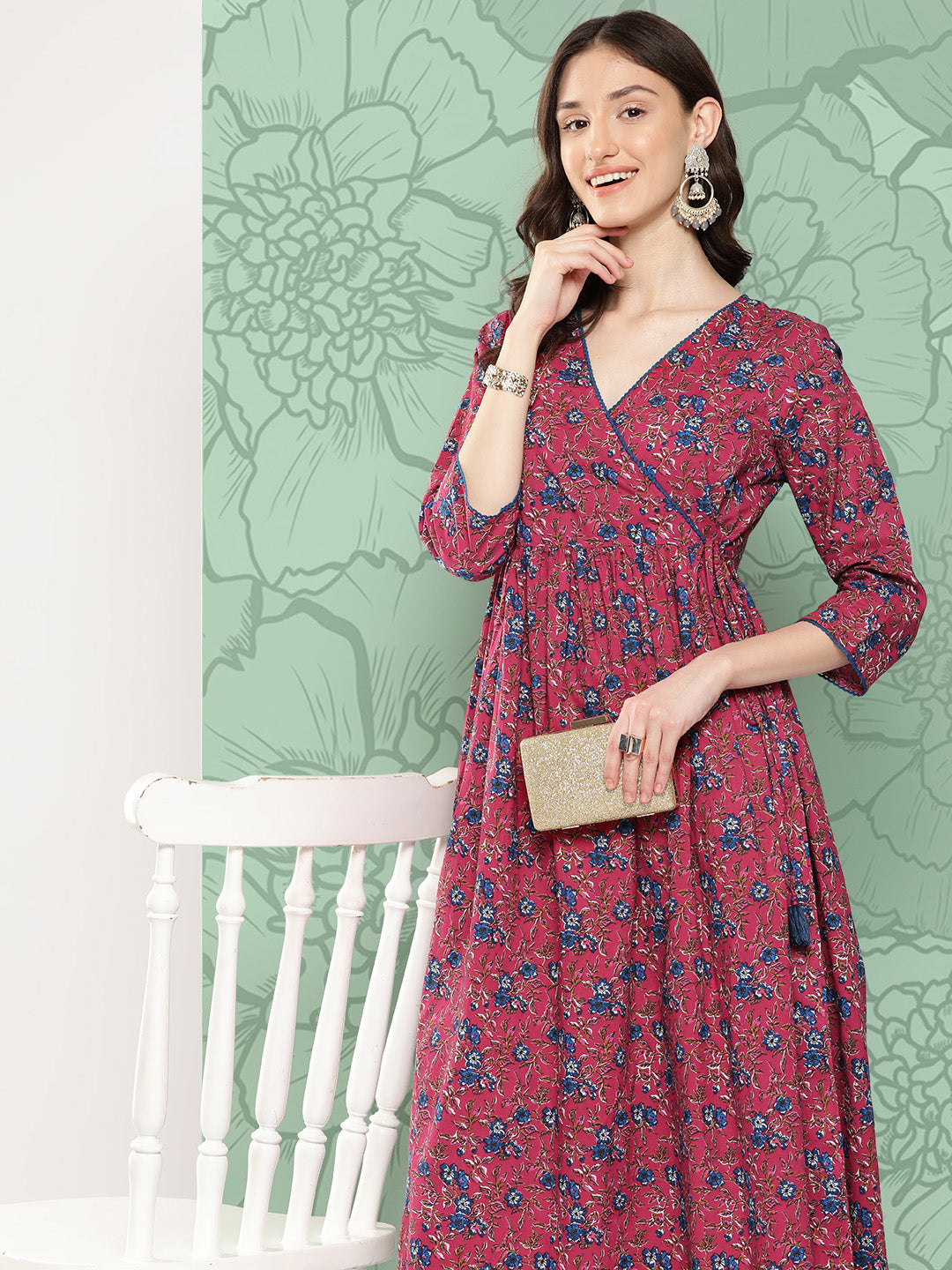 Janasya Women's Pink Cotton Floral Printed Casual Gathered Kurta - Distacart
