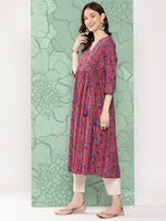 Thumbnail for Janasya Women's Pink Cotton Floral Printed Casual Gathered Kurta - Distacart