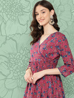 Thumbnail for Janasya Women's Pink Cotton Floral Printed Casual Gathered Kurta - Distacart
