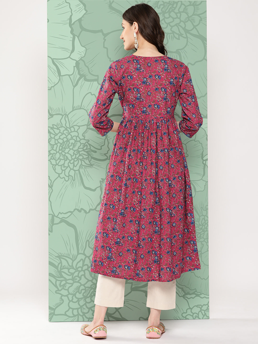 Janasya Women's Pink Cotton Floral Printed Casual Gathered Kurta - Distacart