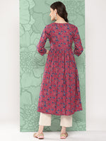 Thumbnail for Janasya Women's Pink Cotton Floral Printed Casual Gathered Kurta - Distacart