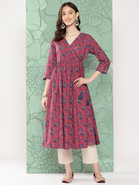Janasya Women's Pink Cotton Floral Printed Casual Gathered Kurta - Distacart