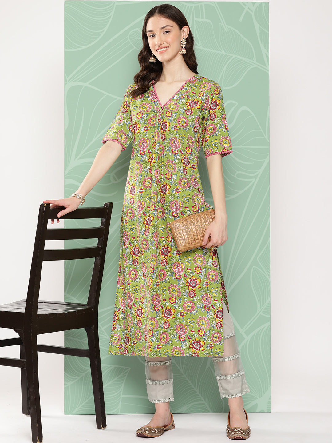 Janasya Women's Green Cotton Floral Printed Casual Straight Kurta - Distacart