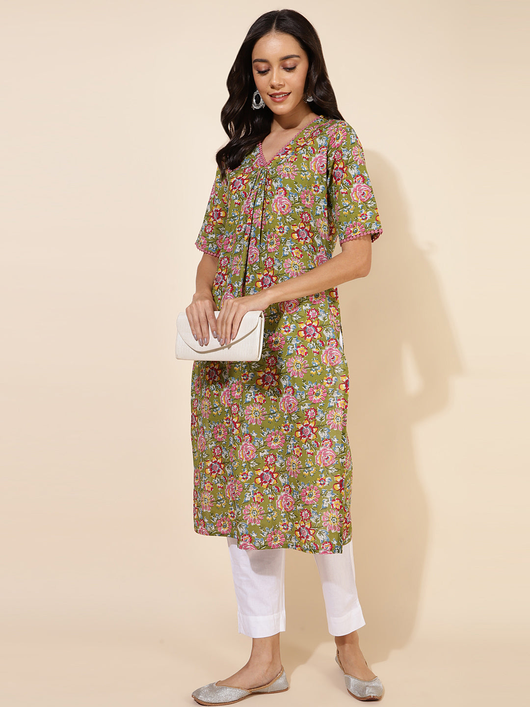 Janasya Green Cotton Floral Printed Casual Kurta - Distacart