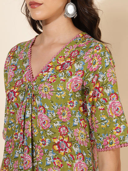Janasya Green Cotton Floral Printed Casual Kurta - Distacart