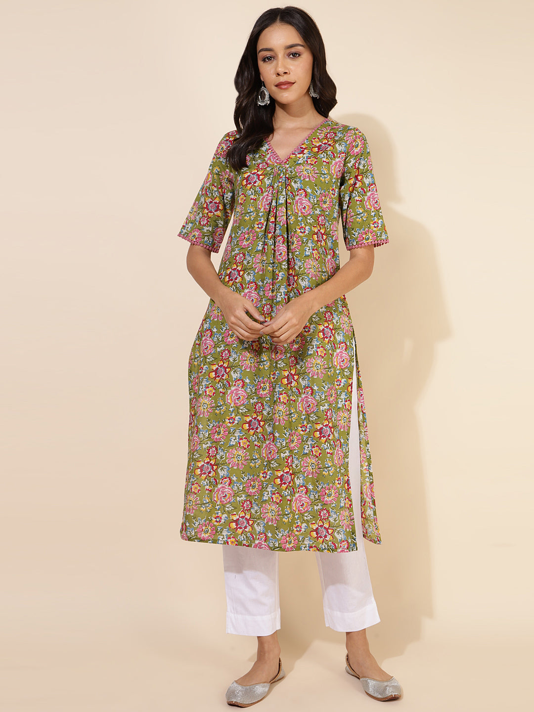 Janasya Green Cotton Floral Printed Casual Kurta - Distacart