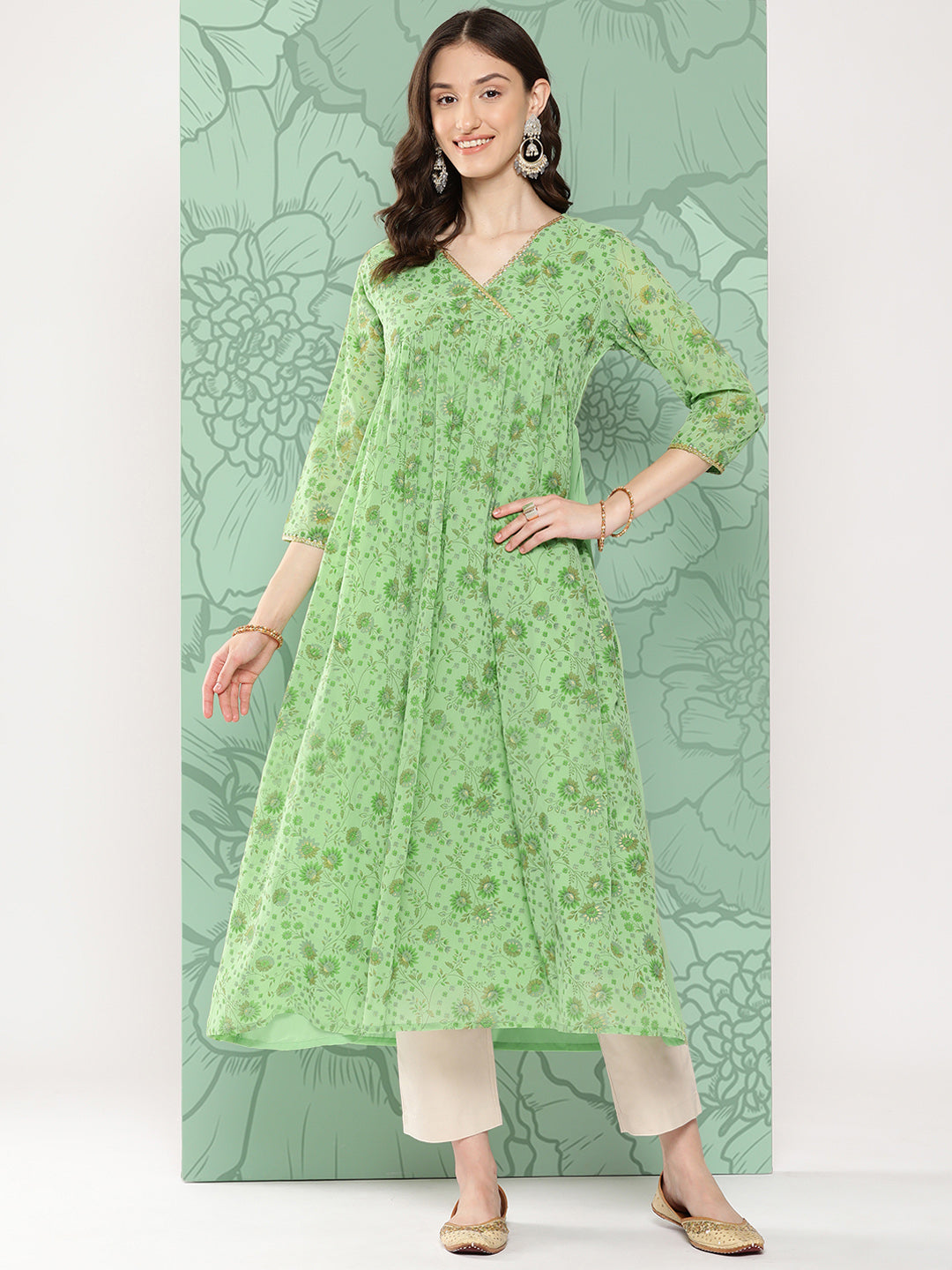 Janasya Women's Light Green Georgette Digital Floral Printed Festive Flared Kurta - Distacart