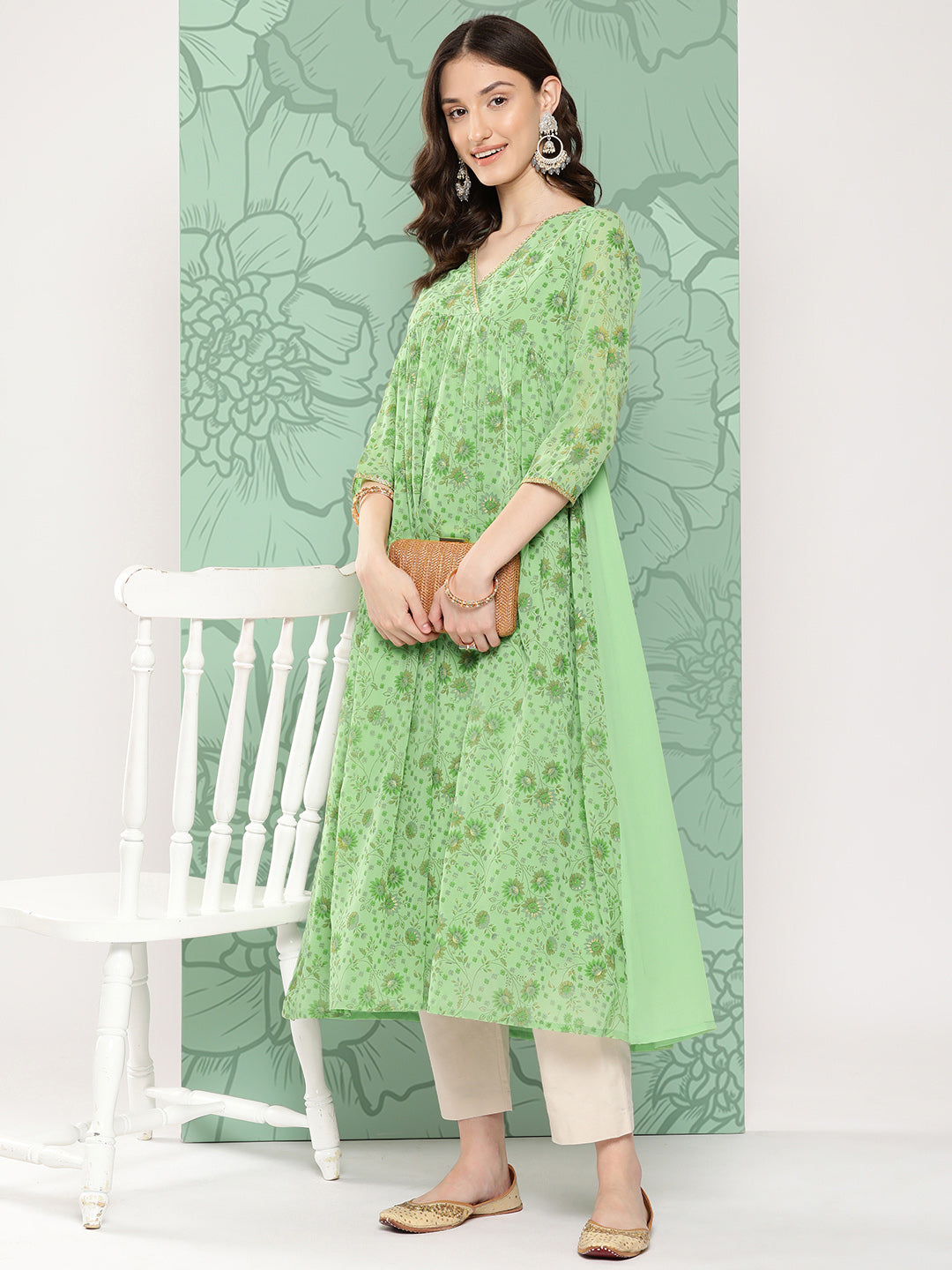 Janasya Women's Light Green Georgette Digital Floral Printed Festive Flared Kurta - Distacart