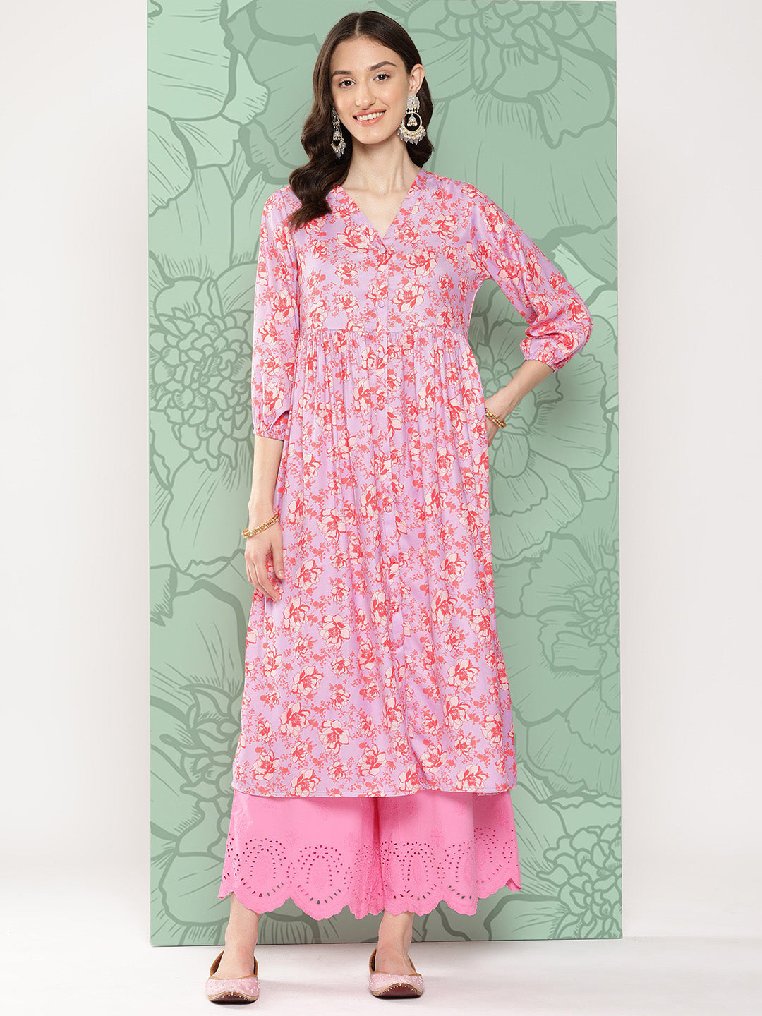 Janasya Women's Lavender Moss Digital Floral Printed Casual Gathered Kurta - Distacart