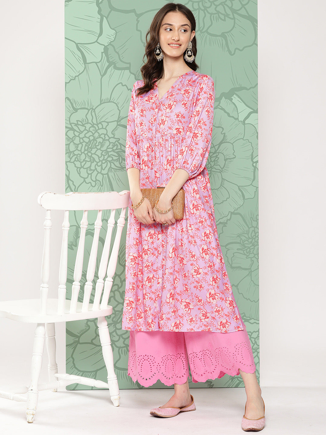 Janasya Women's Lavender Moss Digital Floral Printed Casual Gathered Kurta - Distacart