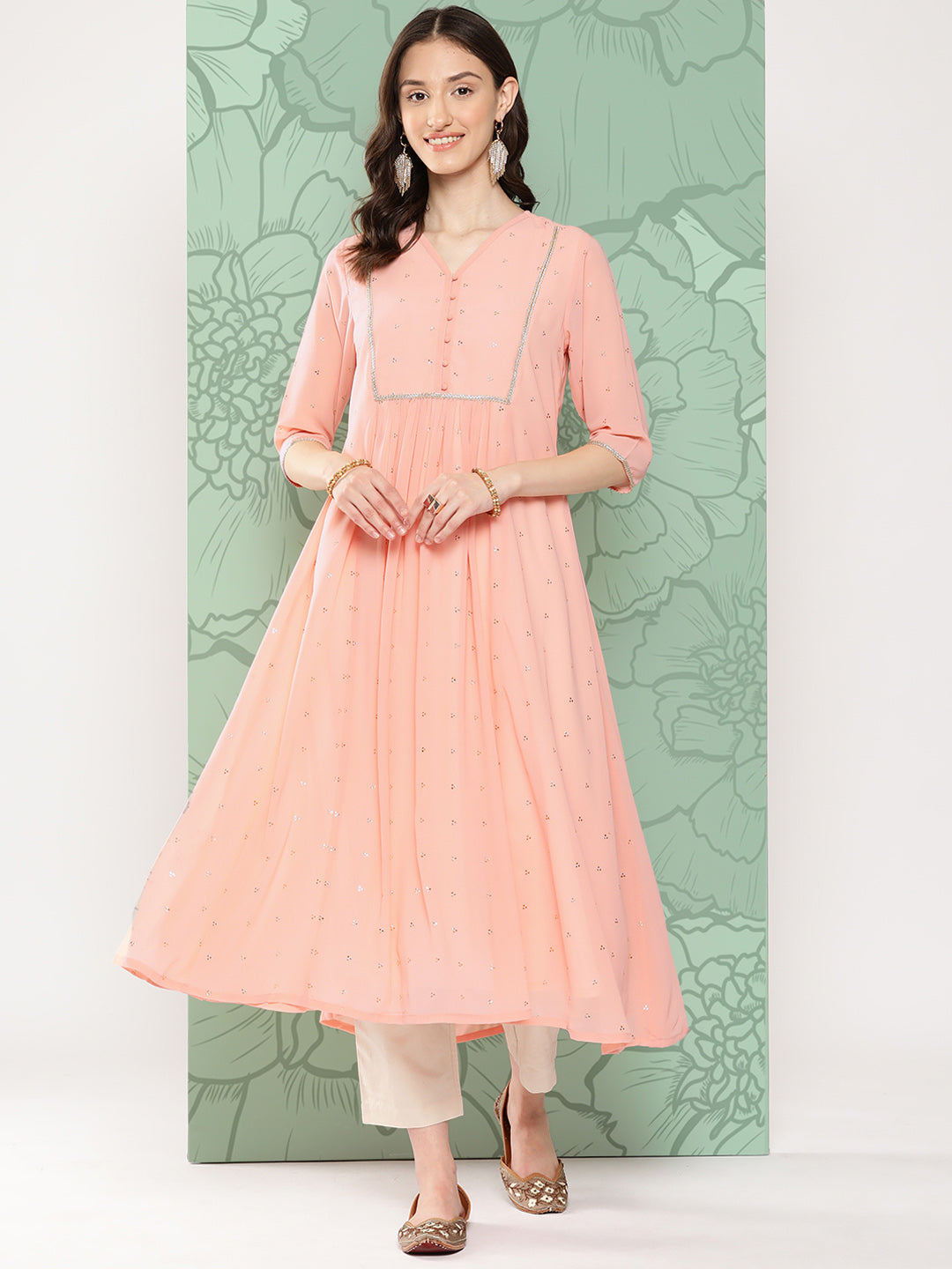 Janasya Women's Peach Georgette Embossed Work Festive Gathered Kurta - Distacart