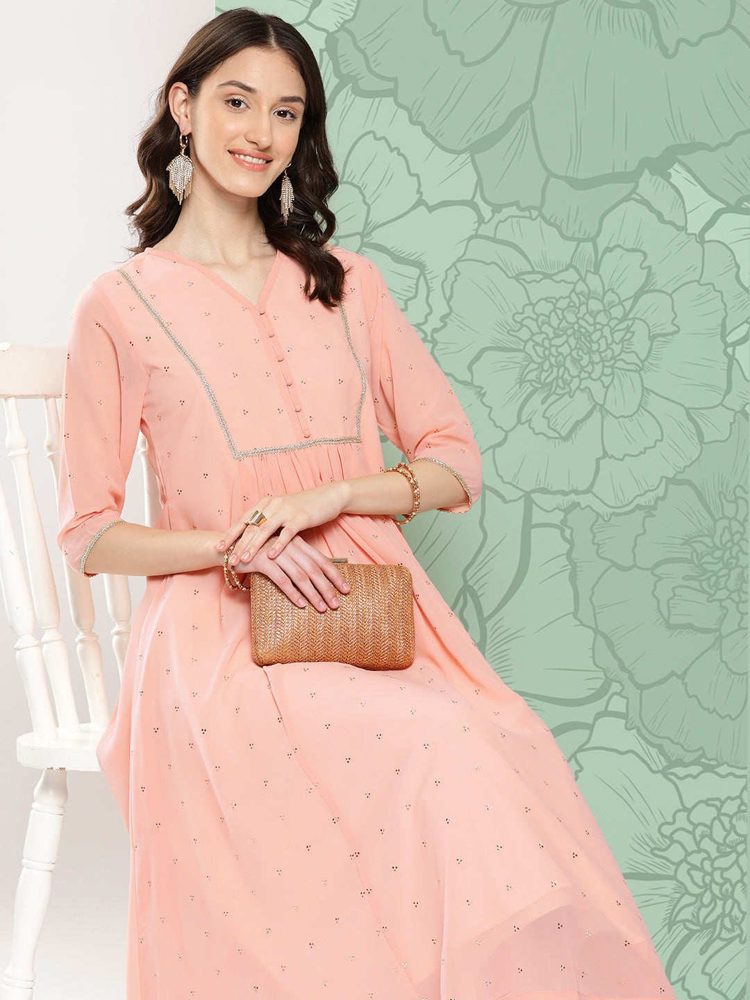 Janasya Women's Peach Georgette Embossed Work Festive Gathered Kurta - Distacart