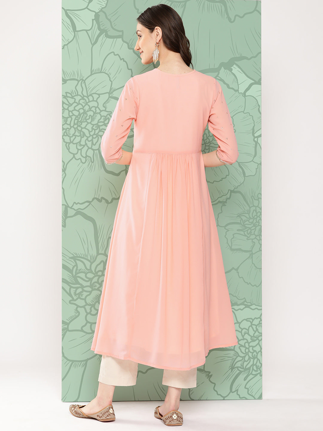 Janasya Women's Peach Georgette Embossed Work Festive Gathered Kurta - Distacart