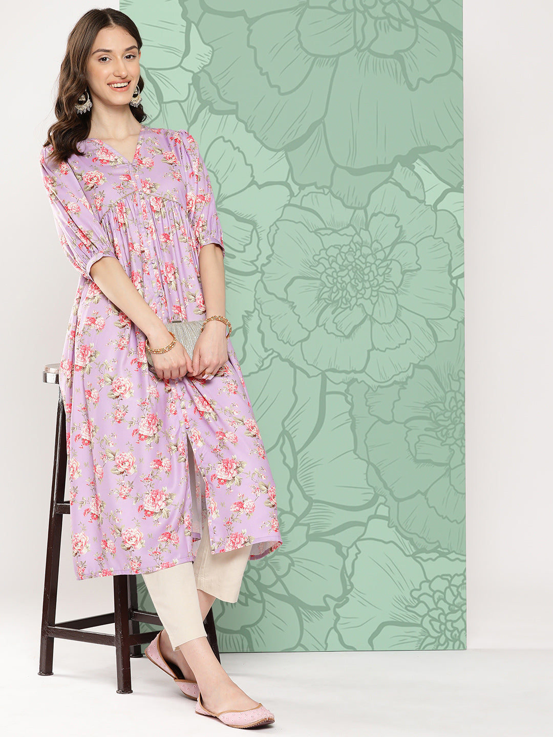 Janasya Women's Lavender Moss Digital Floral Printed Festive Flared Kurta - Distacart