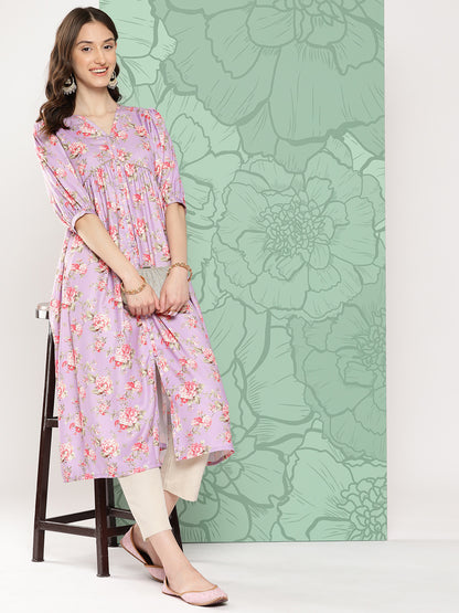 Janasya Women's Lavender Moss Digital Floral Printed Festive Flared Kurta - Distacart