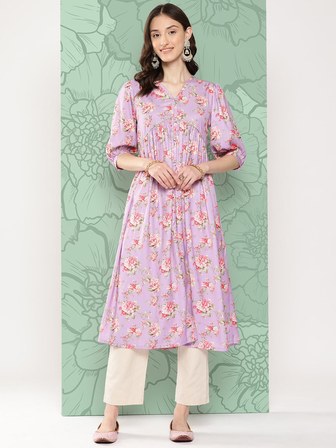 Janasya Women's Lavender Moss Digital Floral Printed Festive Flared Kurta - Distacart