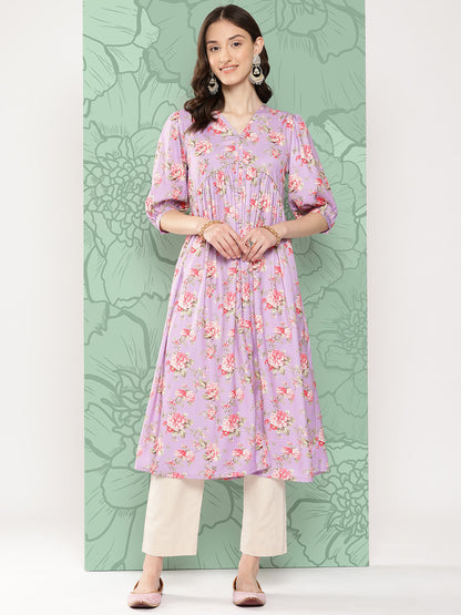 Janasya Women's Lavender Moss Digital Floral Printed Festive Flared Kurta - Distacart