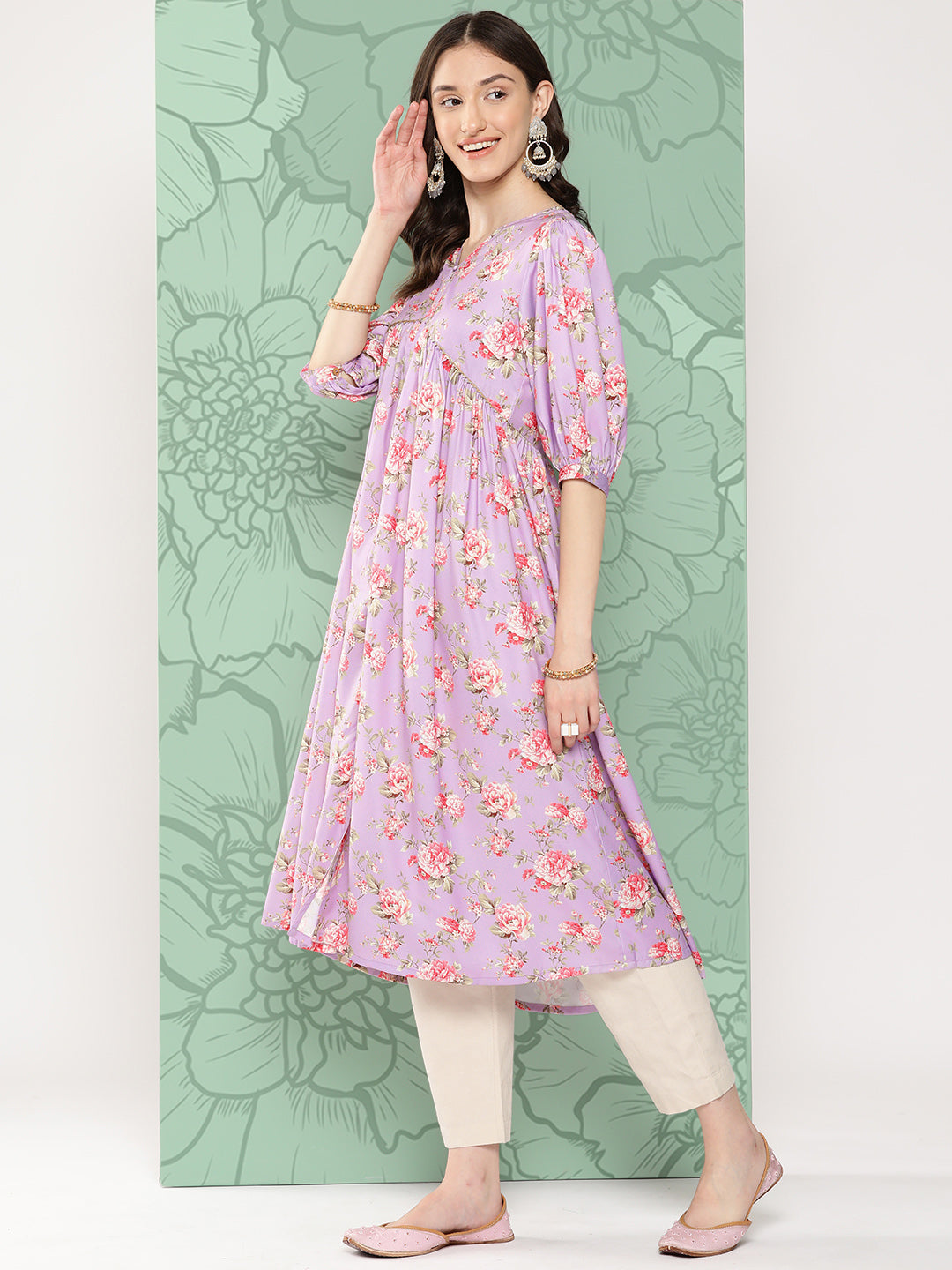 Janasya Women's Lavender Moss Digital Floral Printed Festive Flared Kurta - Distacart