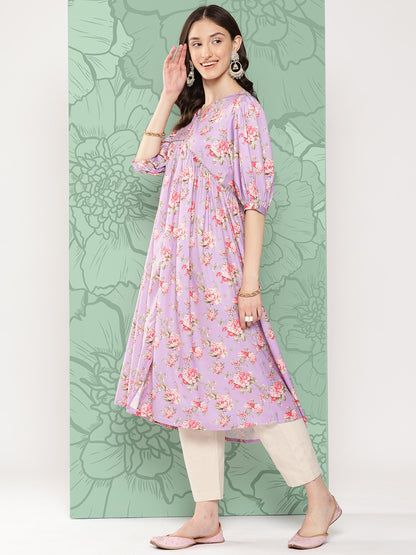 Janasya Women's Lavender Moss Digital Floral Printed Festive Flared Kurta - Distacart