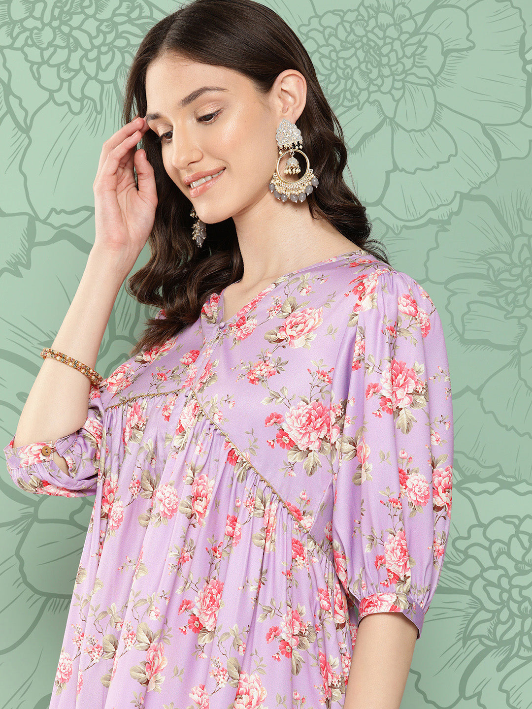 Janasya Women's Lavender Moss Digital Floral Printed Festive Flared Kurta - Distacart