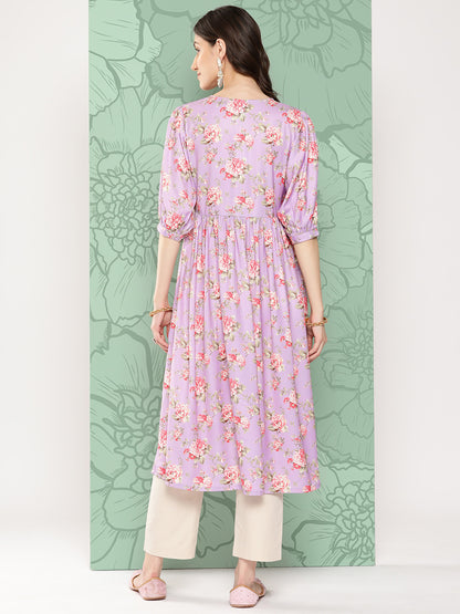 Janasya Women's Lavender Moss Digital Floral Printed Festive Flared Kurta - Distacart