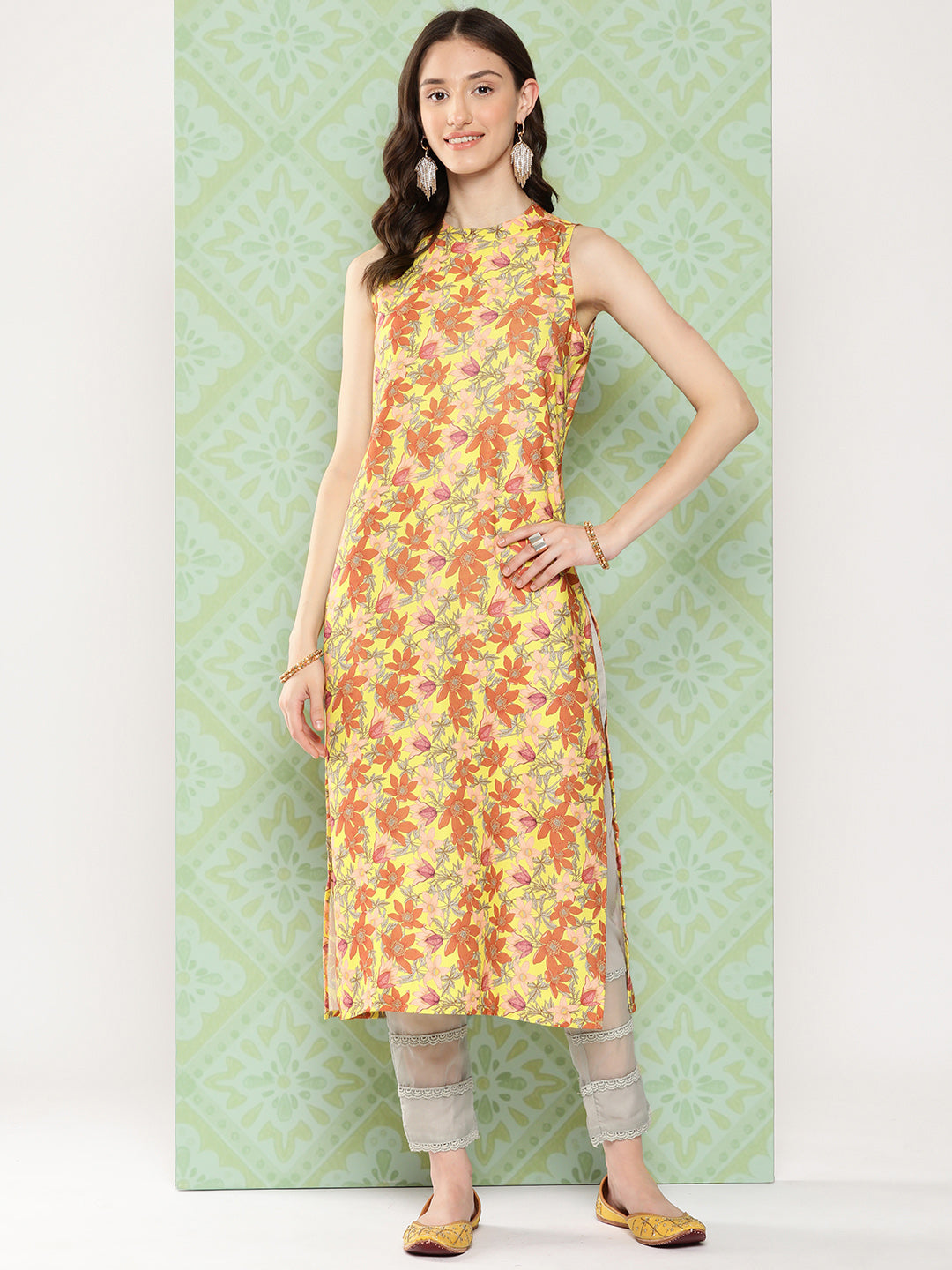 Janasya Women's Yellow Moss Digital Floral Printed Casual Straight Kurta - Distacart