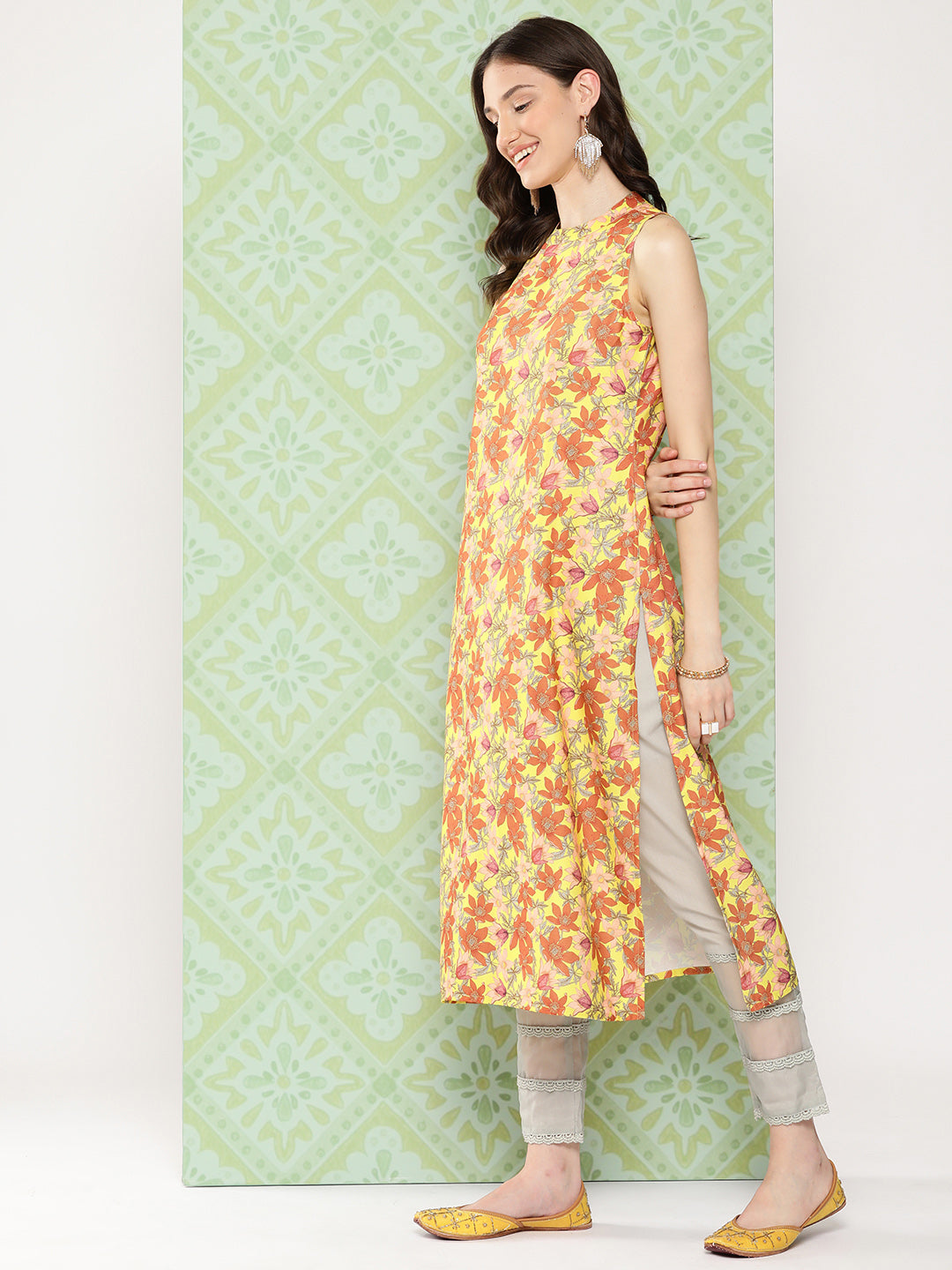 Janasya Women's Yellow Moss Digital Floral Printed Casual Straight Kurta - Distacart