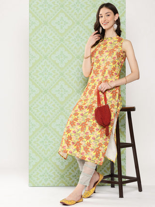 Janasya Women's Yellow Moss Digital Floral Printed Casual Straight Kurta - Distacart