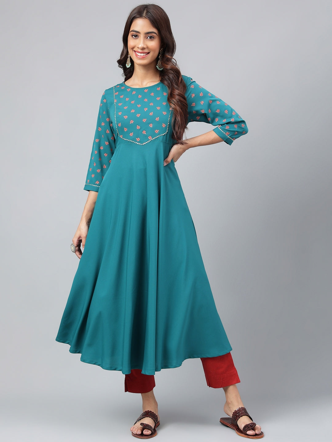 Janasya Women's Dark Green Crepe Foil Printed Festive A-Line Kurta - Distacart