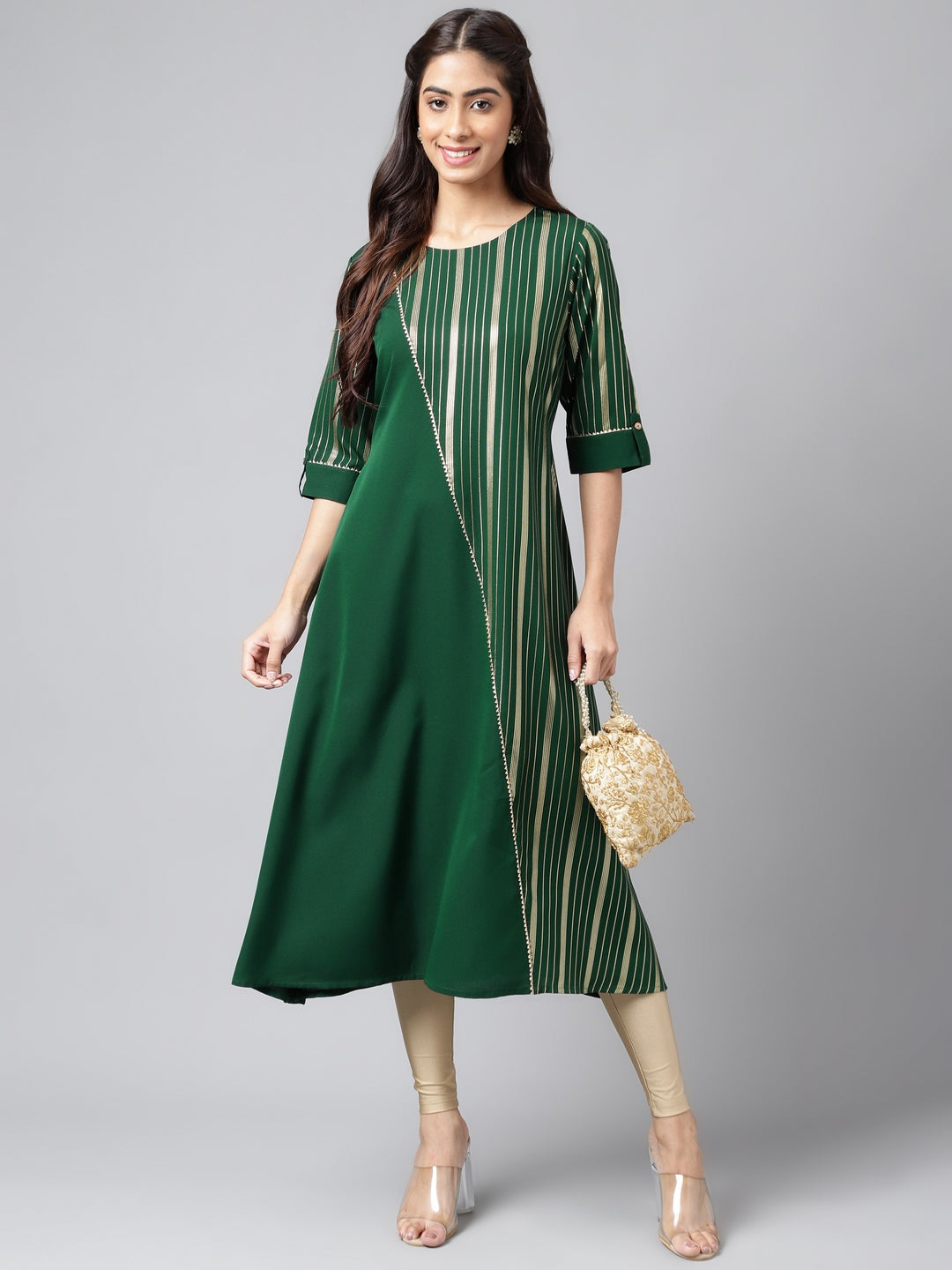 Janasya Women's Dark Green Crepe Foil Printed Casual A-Line Kurta - Distacart