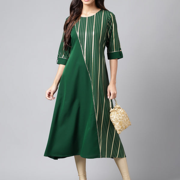Janasya Women's Dark Green Crepe Foil Printed Casual A-Line Kurta - Distacart