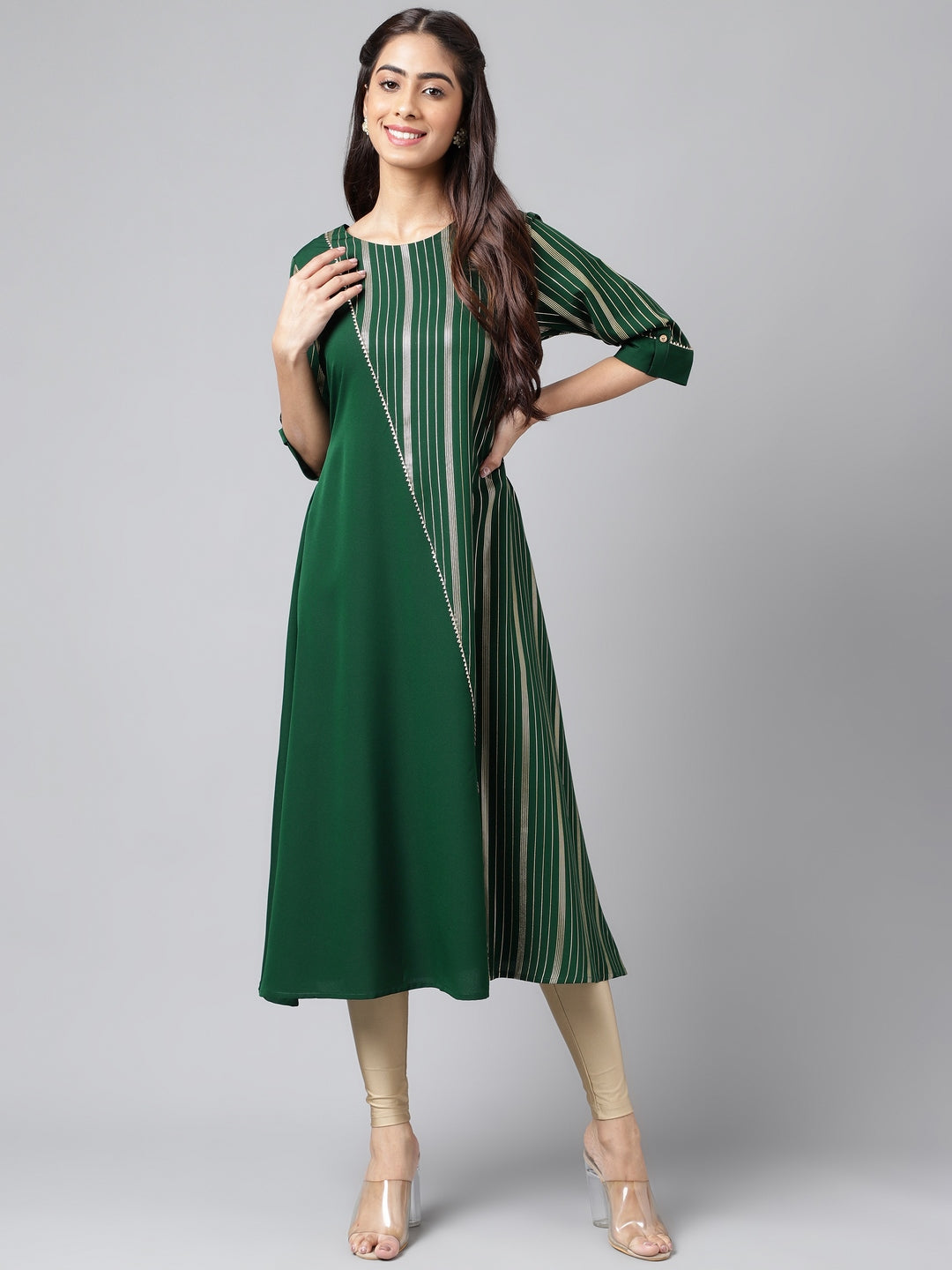 Janasya Women's Dark Green Crepe Foil Printed Casual A-Line Kurta - Distacart