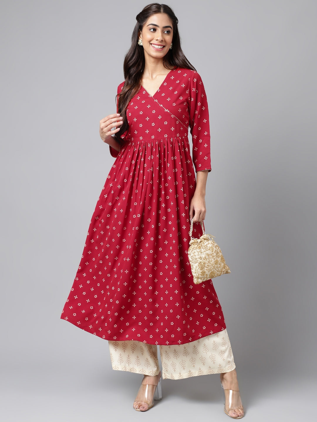 Janasya Women's Maroon Crepe Bandhani Printed Casual Flared Kurta - Distacart