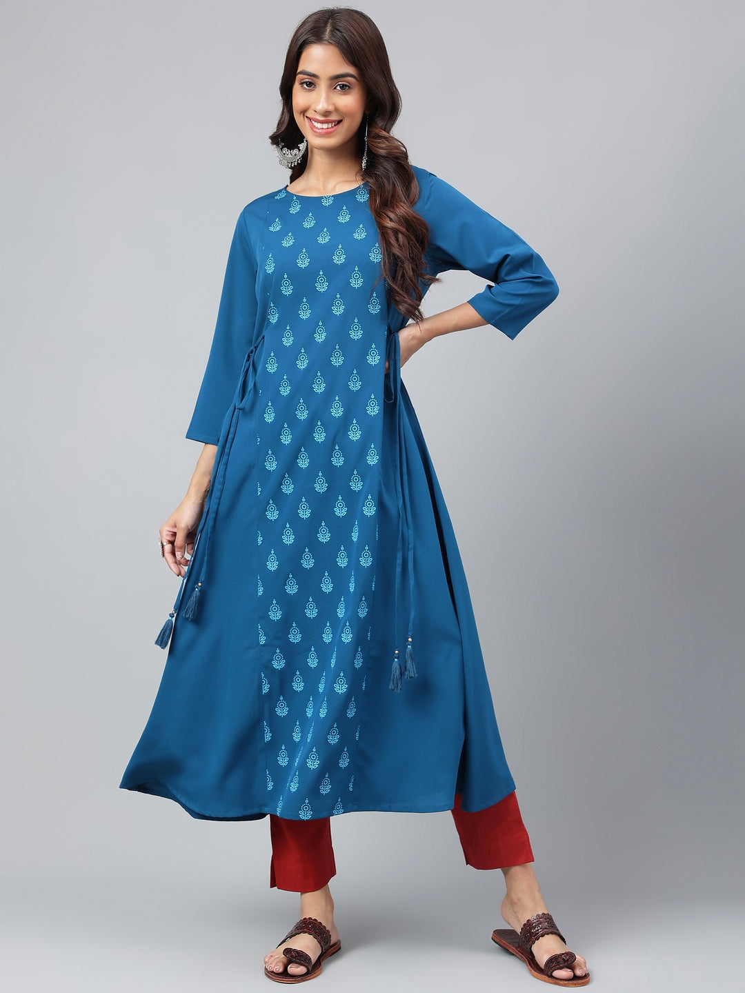 Janasya Women's Teal Blue Crepe Ethnic Motif Printed Festive A-Line Kurta - Distacart