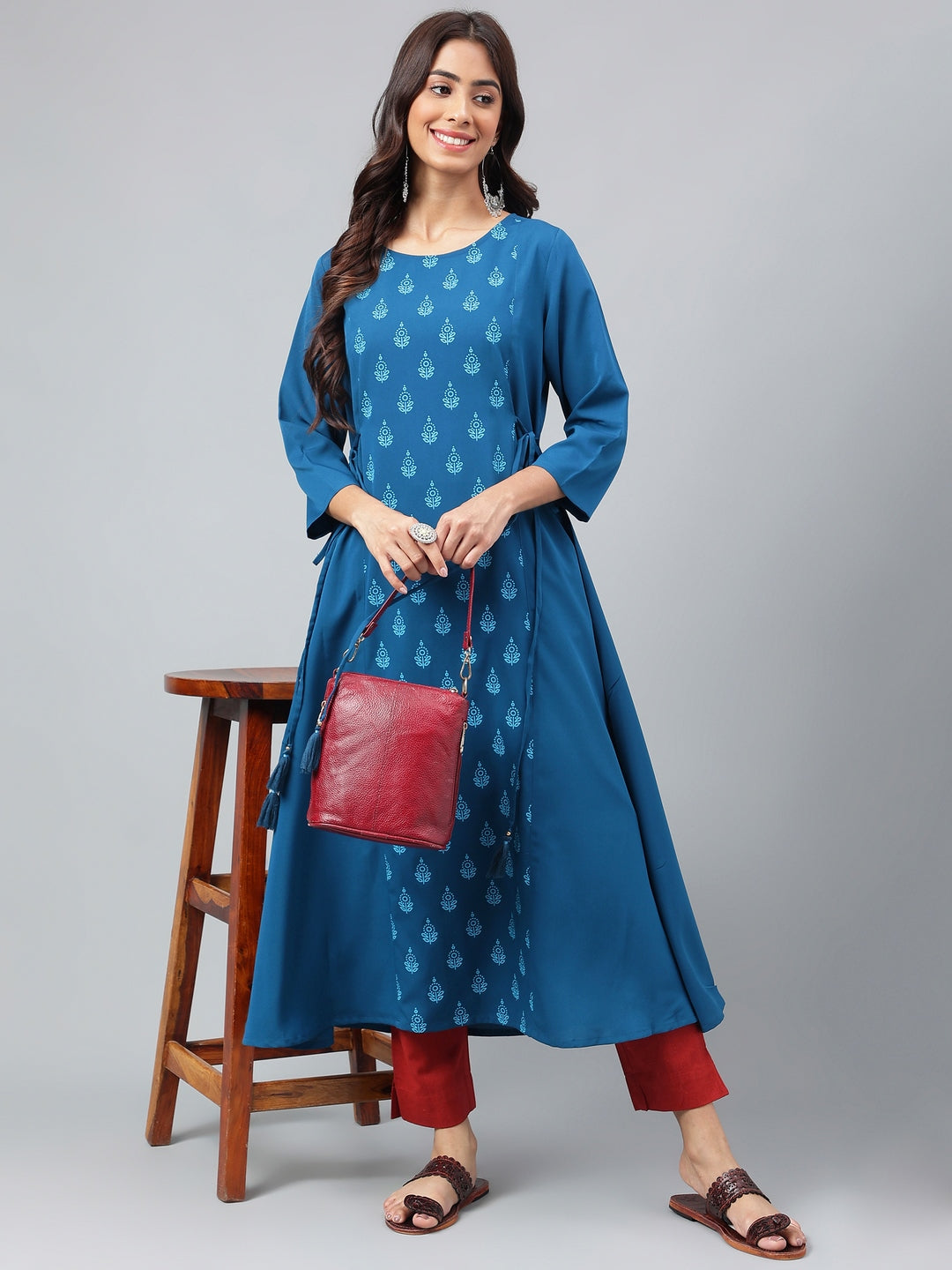 Janasya Women's Teal Blue Crepe Ethnic Motif Printed Festive A-Line Kurta - Distacart