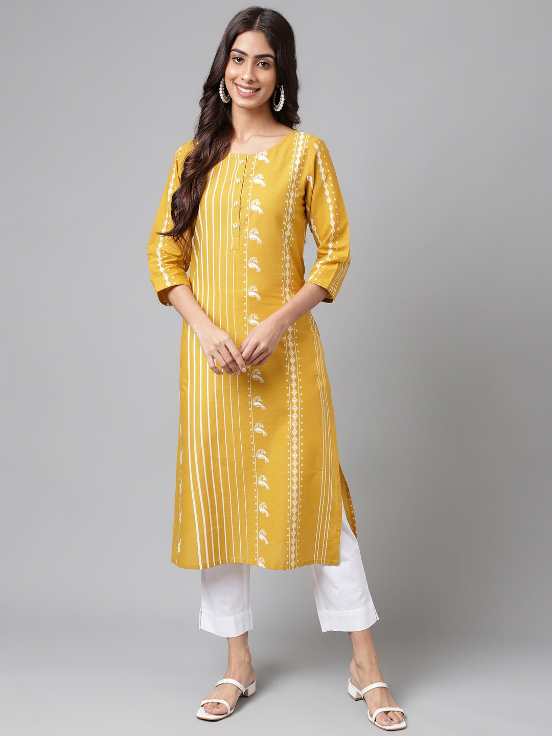 Janasya Women's Yellow Cotton Ethnic Motif Printed Casual Straight Kurta - Distacart
