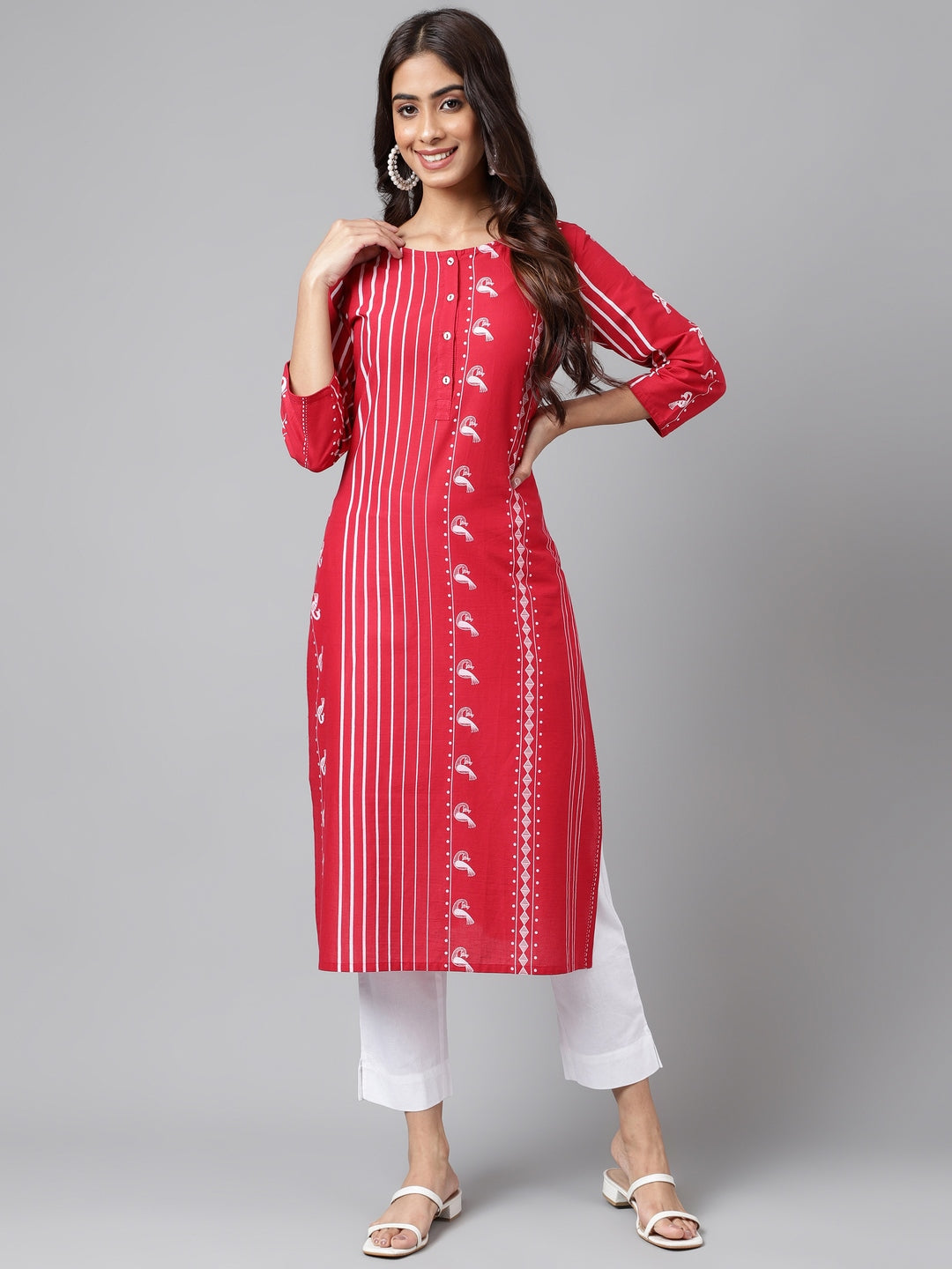 Janasya Women's Red Cotton Ethnic Motif Printed Casual Straight Kurta - Distacart