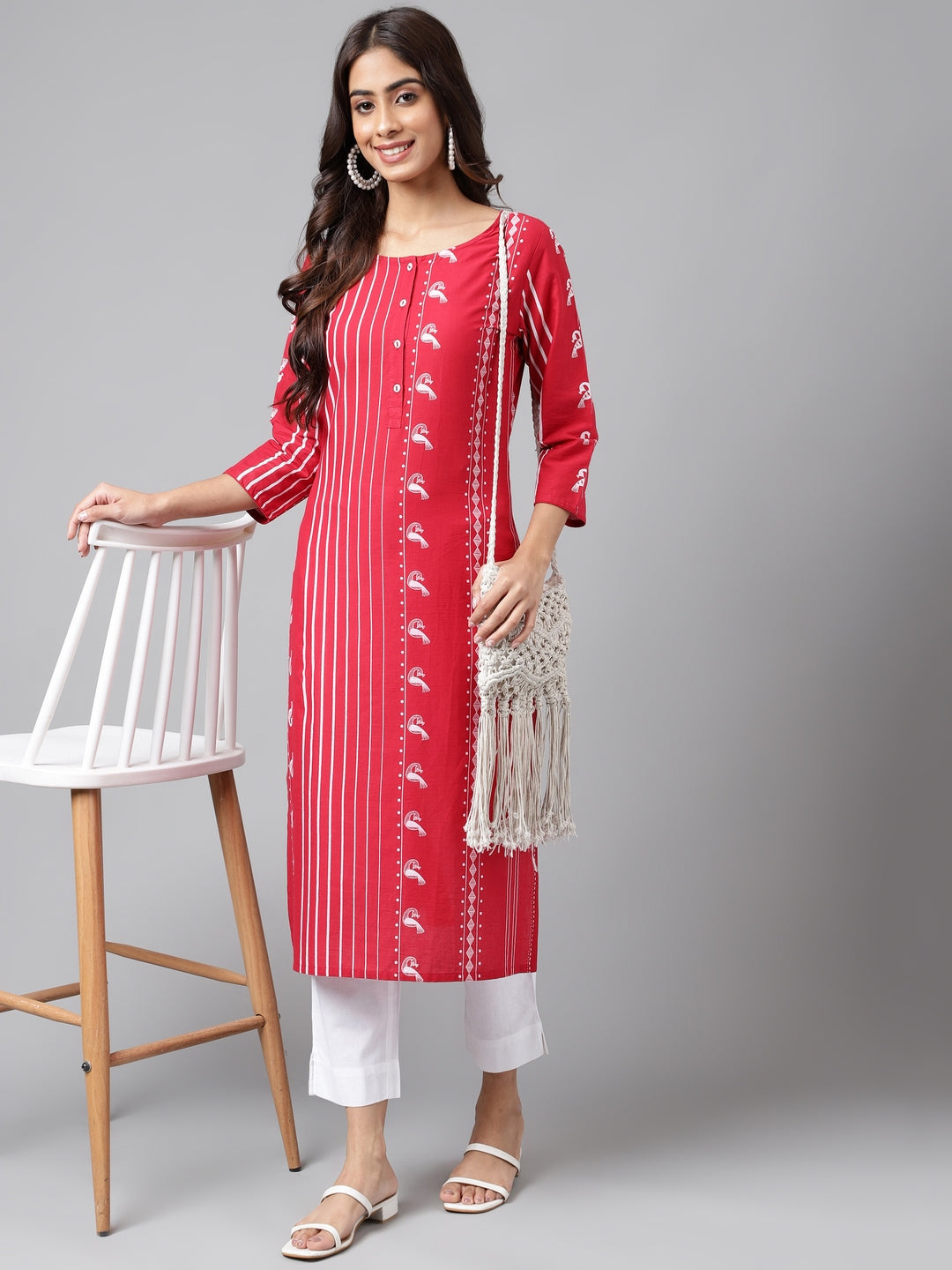 Janasya Women's Red Cotton Ethnic Motif Printed Casual Straight Kurta - Distacart