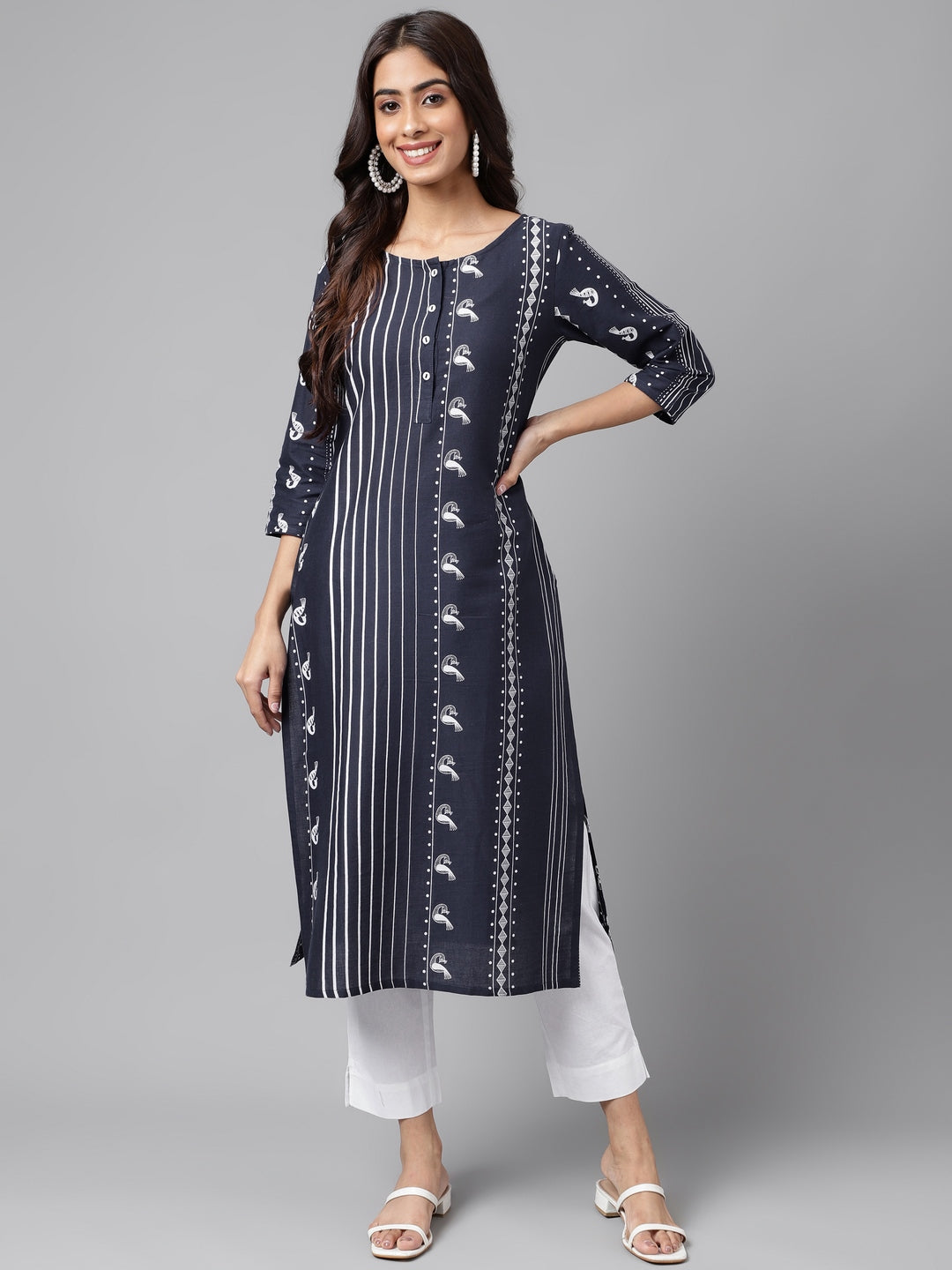 Janasya Women's Navy Blue Cotton Ethnic Motif Printed Casual Straight Kurta - Distacart